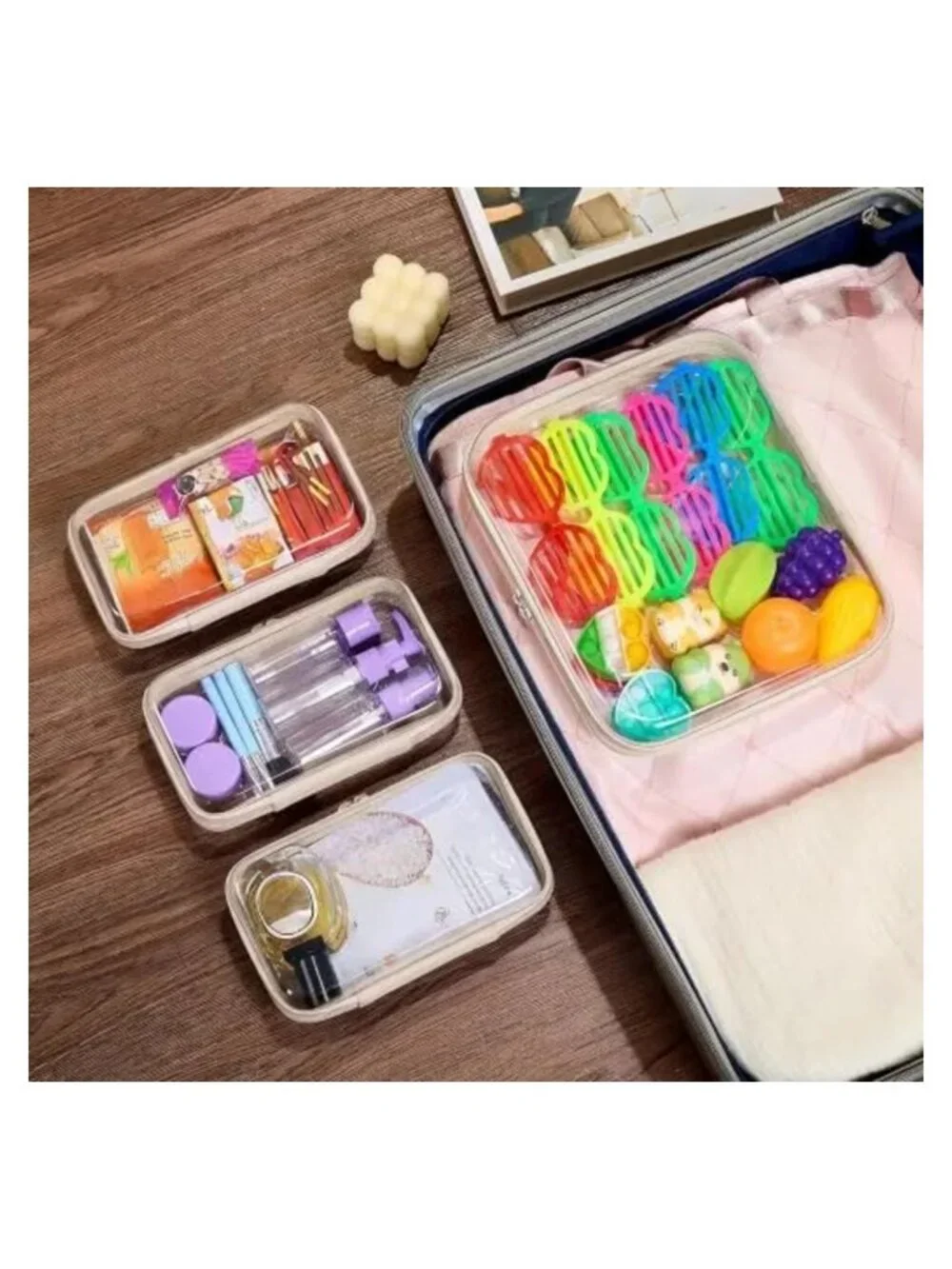 4 Pc Clear Hard Shell Zipper Pouches Travel Toiletry Cosmetic Organizer